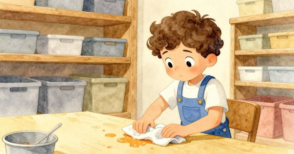 Quinn進入整潔儲藏室，用摺疊抹布壓制水漿，阻止流向木板，神情堅定冷靜，室內光線溫暖柔和。