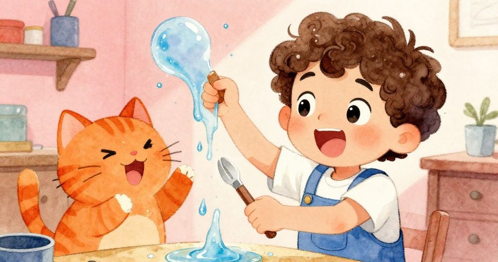 Quinn臉上洋溢喜悅，與好奇橘貓互動，工作室背景中工具依舊排列，慶祝困境解決，溫暖氛圍彌漫。