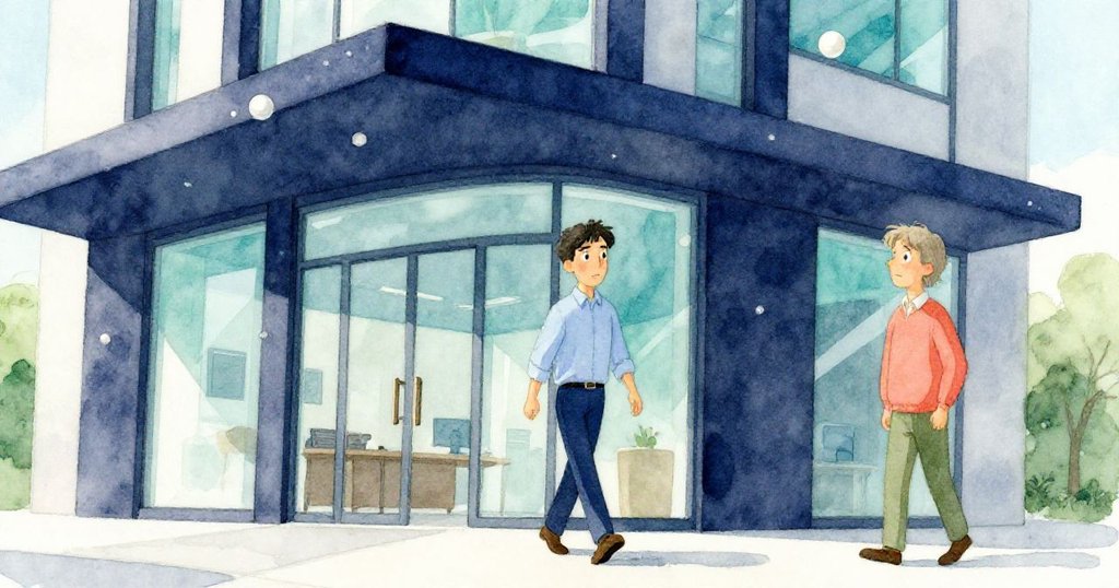 格倫走向玻璃大門，諾埃爾站在旁邊，現代辦公大樓外觀，氛圍期待且溫暖。