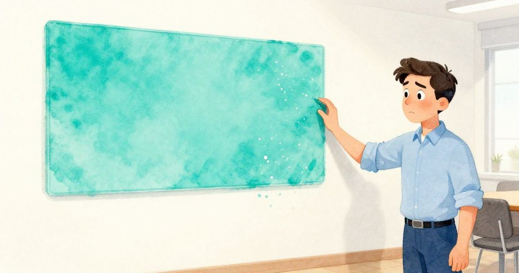 格倫伸手刷拭牆上明亮油漆區域，細膩灰塵環繞，室內會議室牆面呈現清晰細節。