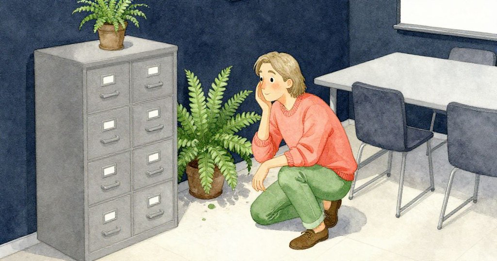 諾埃爾從高角度俯視會議室，他蹲在櫃旁，扶著鋼製機構，旁有常綠蕨葉，神情堅定。