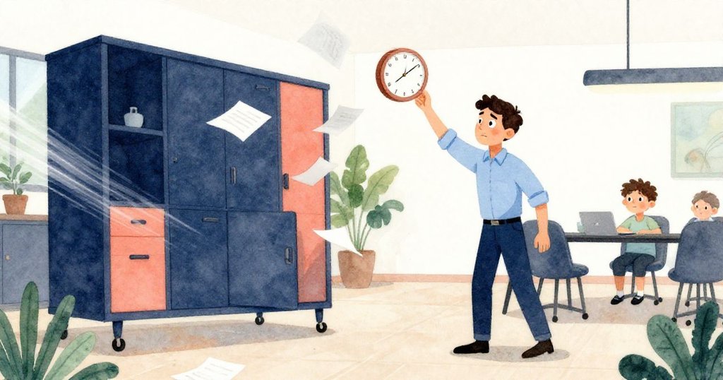 格倫站在凳上急速伸手抓取墜落時鐘，推動櫃子軌跡明顯，飛舞文件襯托緊張解謎氛圍。