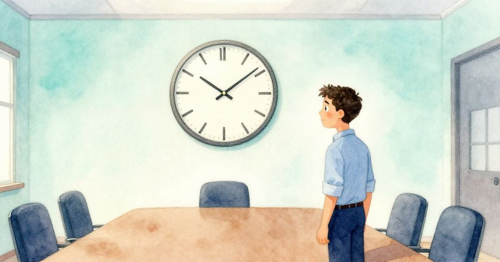 格倫滿意回望整齊修復的時鐘，會議室內恢復安定，時針緩移彰顯解謎後靜謐勝利。