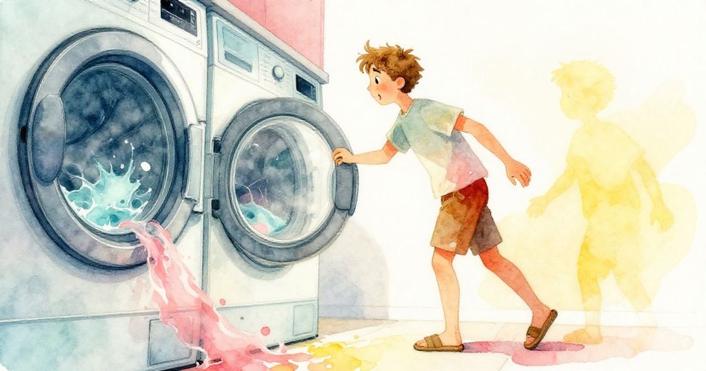 Reed 穿著涼鞋進入明亮洗衣房,洗衣機內水流旋轉,他身影清晰呈現出好奇且堅定的表情。