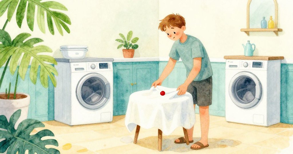 從背後看見 Reed 正小心拿起沾水桌布,上面別著紅色胸針,背景洗衣房朦朧,他神情專注且珍惜。