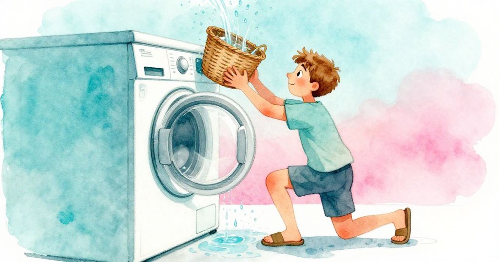 Reed 小心用膝蓋頂住洗衣機門,調整籃子位置,機器內水流開始平穩流動,他臉上展現專注與堅毅。