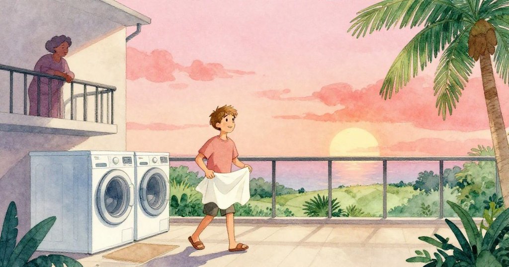 Reed 提著濕桌布從洗衣房走出,樓上年長婦人站在陽台上靜靜注目,兩人皆流露出平靜與滿足的情感。