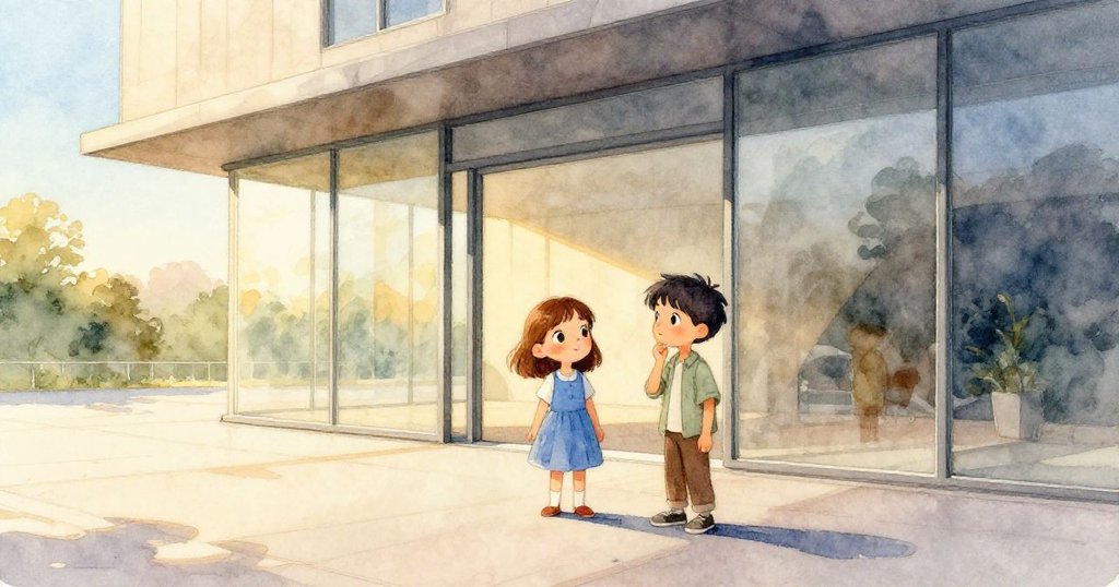 伊芙與肯特在現代博物館入口處出發，晨光映照出玻璃與長影，兩人神情堅定，充滿探索熱情。