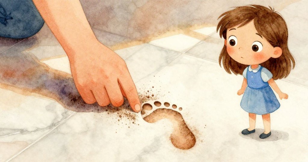 伊芙輕觸大理石上隱約塵跡，手指跟蹤神秘腳印細節，燈光聚焦下展現探索線索。