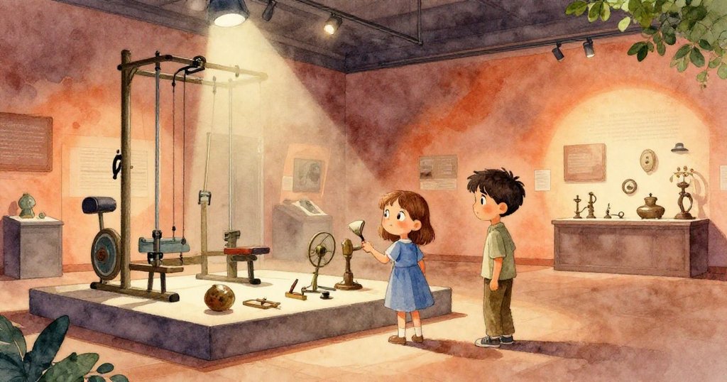 伊芙與肯特在昏暗陳列廳中探索復古健身器材，柔和聚光燈下展現懷舊氣息與神秘歷史。