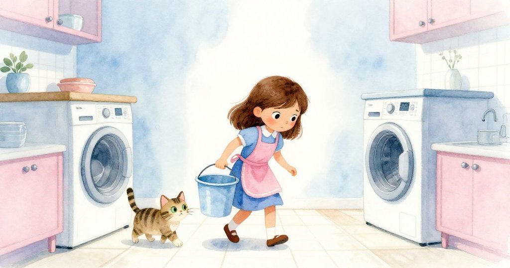 Tess站在公寓洗衣房門前，手持水桶推門，Pepper跟隨，背景透出柔和天空，充滿期待與堅定。