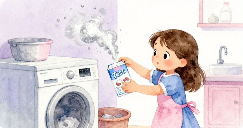 Tess在洗衣房內傾倒洗衣劑，粉末輕舞，象徵新洗滌開始，動作流暢且充滿專注。