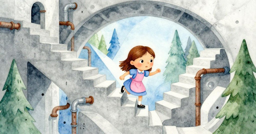 Tess穿越迷幻樓梯，扭曲走廊與銹跡管道交織，動作果斷，營造出夢幻與神秘氛圍。