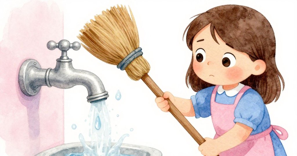 Tess專注利用木掃管控水流，臉上滿是決心，水珠閃爍，展現她解決問題的瞬間。