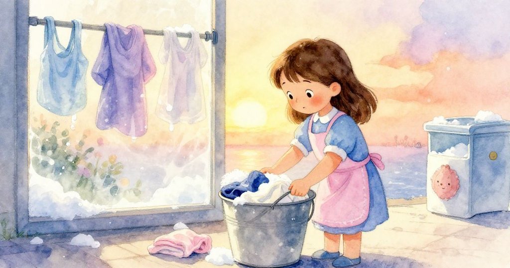 Tess在夕陽金光中，提著滿溢的水桶，將衣物放進洗衣機，窗玻璃上泡沫閃耀，滿懷平靜與成就。