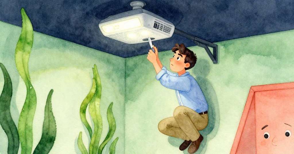 從高角度看，肯特俯身在投影機下，用薄刀努力修理搖晃的支架，神情專注且略帶尷尬