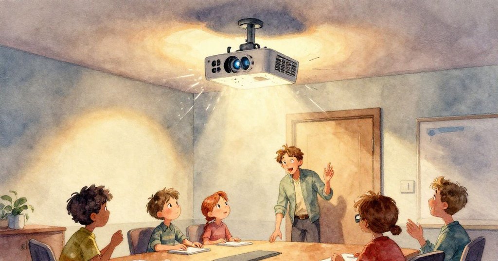 面板掉落露出藏在風扇葉片間的小塑料鑰匙圈，鑰匙圈上有滑稽短尾袋鼠圖案，在辦公室柔和光線下展現細緻細節