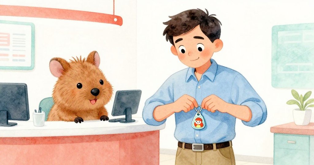 肯特滿臉輕鬆微笑將鑰匙圈放入口袋，櫃檯上的絨毛袋鼠玩偶輕輕搖曳，辦公室氣氛愉悅溫馨