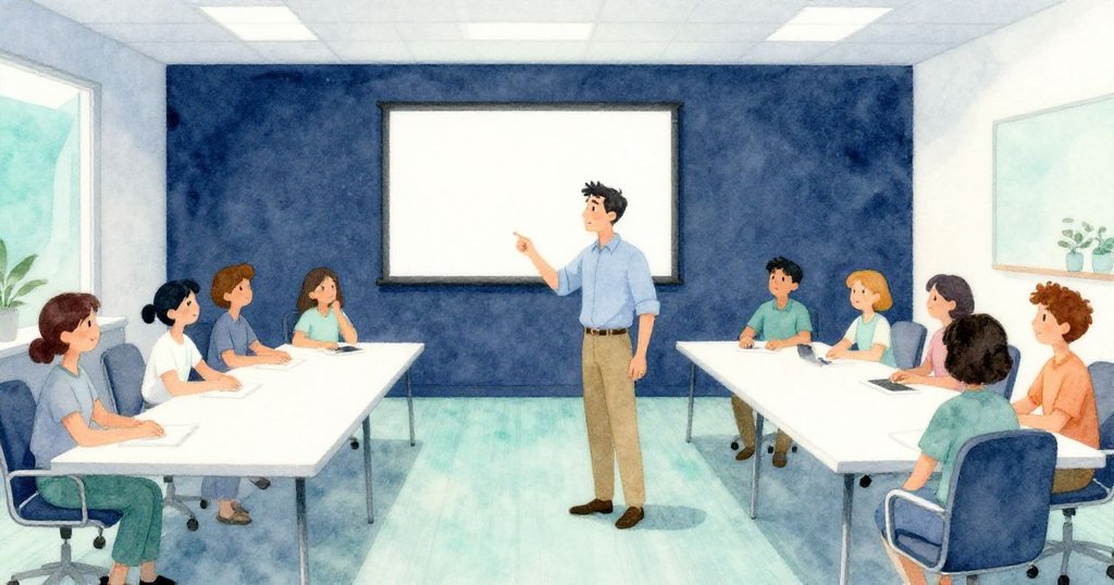 肯特輕觸投影機電源旋鈕，會議室內同事陸續入座，辦公環境中散發著平靜與穩定的氣氛，象徵著秩序恢復