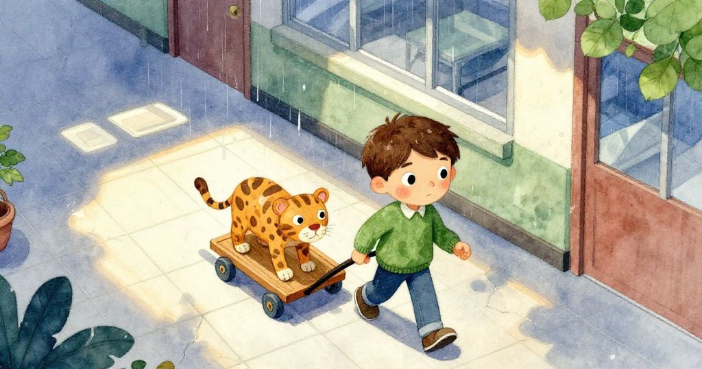 在昏暗走廊中,Zane推著木車載著搖擺紙製美術豹,雨水灑落,燈光微妙,氣氛神秘而期待。