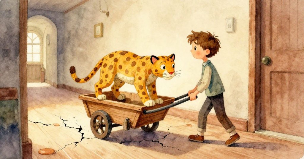 Zane專注用手撫平紙製美術豹,特寫展現搖動尾巴的細節,象徵著創作旅程的堅持與美好夢想。