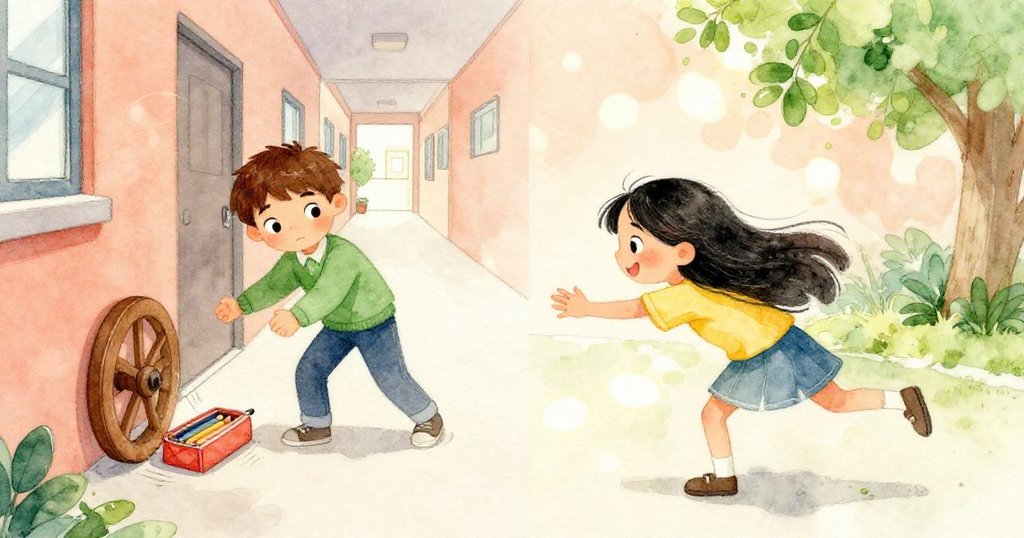 走廊分鏡中,Zane見到鉛筆盒卡在車輪下,Tess俯身幫助解困,情緒由緊張轉為默契合作。