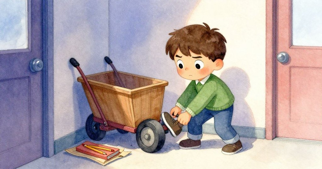 在隱蔽角落中,Zane專注以鞋頂舉車軸,小心解下躺臥鉛筆盒,展現出堅定與細心的瞬間。