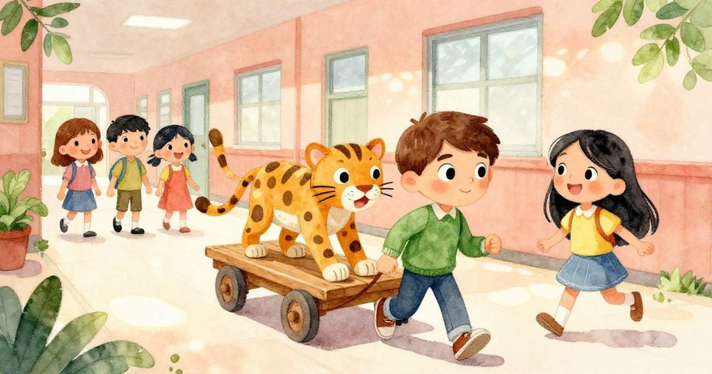 走廊中,Zane與Tess帶領著滾動的木車,背後同學低語慶賀,氣氛從緊張轉向歡欣鼓舞。