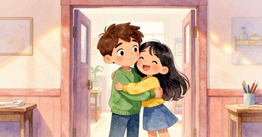 在藝術教室門口,Zane與Tess相擁微笑重聚,臉上滿是欣慰與勝利感,迎向創作新篇章。