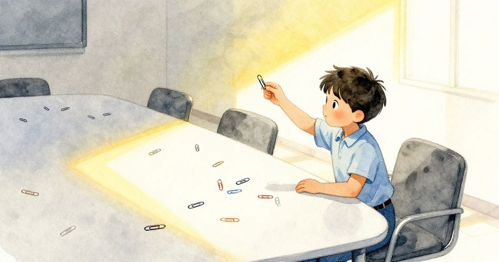 Ben在會議室內抓住最後一個紙夾，背景明暗交錯，Viola準備加入，氛圍緊張而充滿戲劇性。