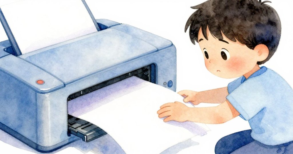 Ben在印表機前細緻觸摸卡紙，紙張質感清晰，象徵解決挑戰，臉上充滿決心。