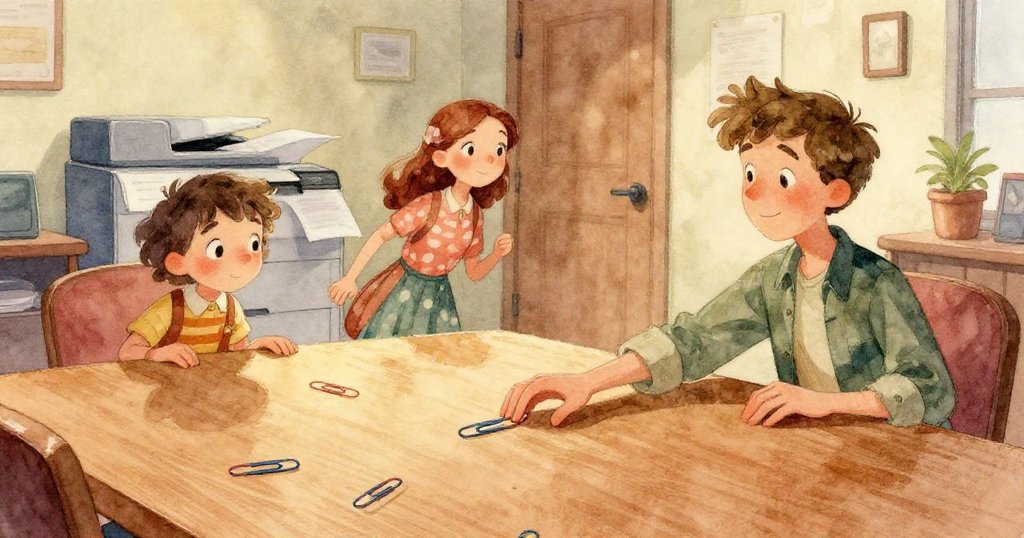 文件從印表機滑落向走道移動，傾斜角度增趣味，背景現代辦公室充滿動感。