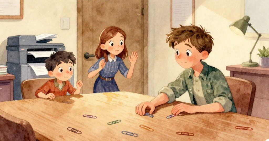 休息室內窗外秋葉飄落，陽光溫柔灑入，紀念杯和咖啡壺輕微顫動，氛圍和煦。