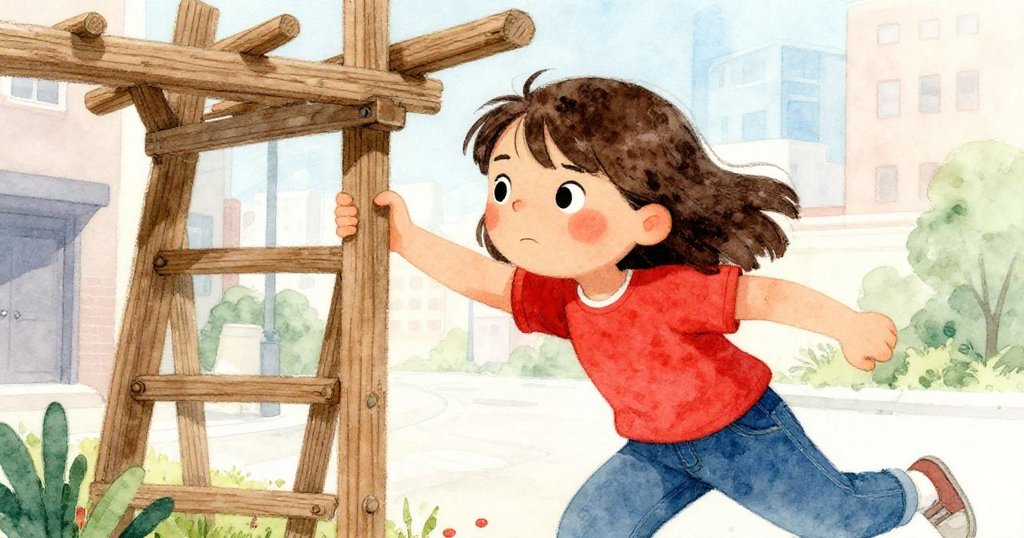 Viola在辦公室中奮力穩住搖晃的木藤架，表情堅定防止杯子掉落，動作迅速充滿決心。