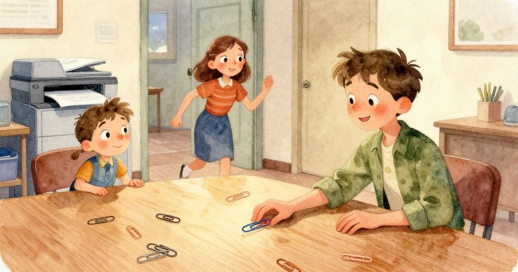 孤零紙張緩滑向辦公室接待處，明亮走廊呈現告別意境，故事在溫柔光線中劃下句點。