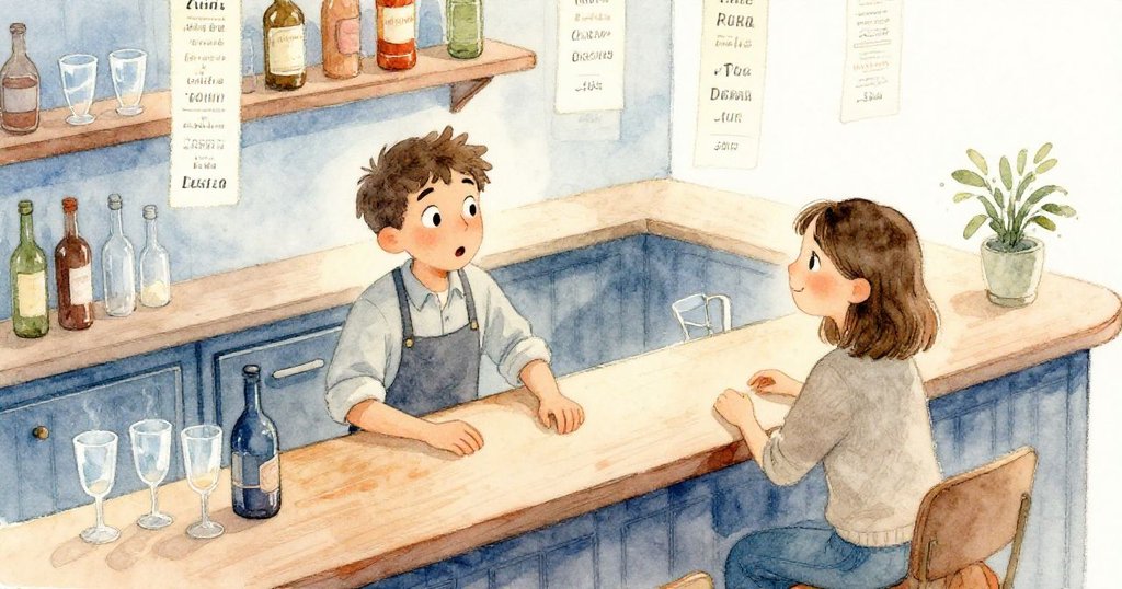 高角度視野中格倫與莎拉在吧台上驚訝互望,訂單紙與冰涼杯紛紛滑落,故事緊湊展開。