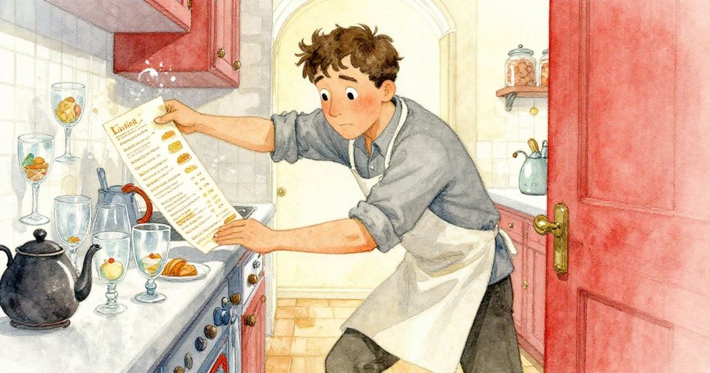 中轉區內格倫急速出手,用摺疊甜點菜單阻擋滑動杯子和茶壺,展現轉折緊張時刻。