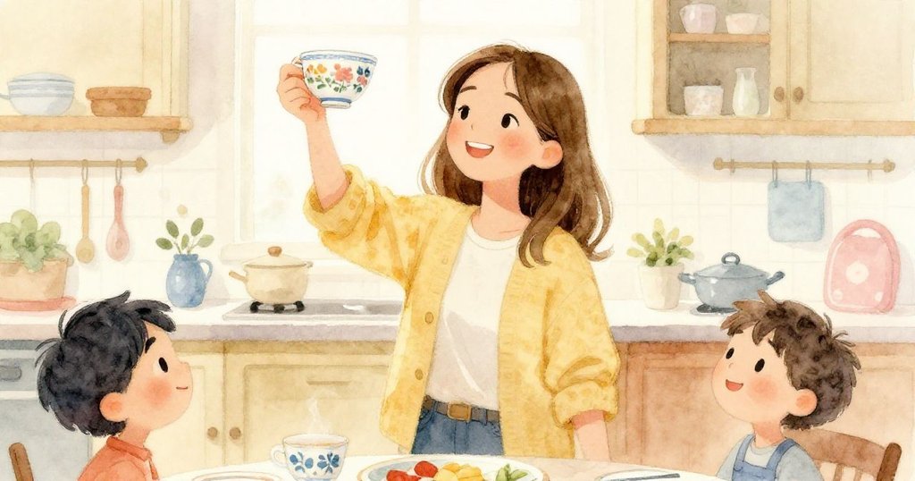 莎拉微笑著舉起細瓷杯敬酒,吧台物品逐漸復位,溫暖光線映照出故事轉向慶祝的氛圍。