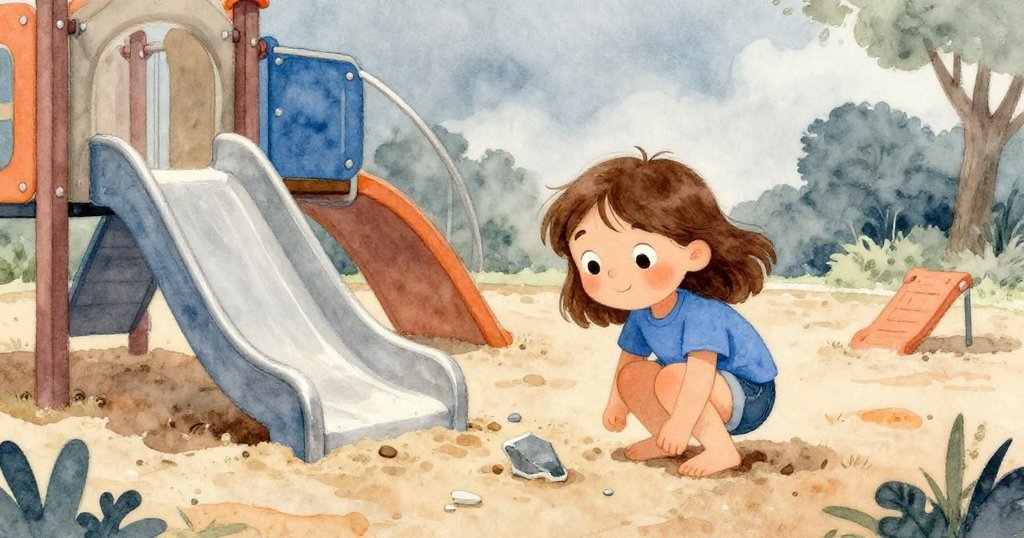 穿藍上衣的羅莎在戶外滑梯旁沙坑彎腰探查銀灰碎片，臉上充滿好奇與驚喜，背景細節豐富。