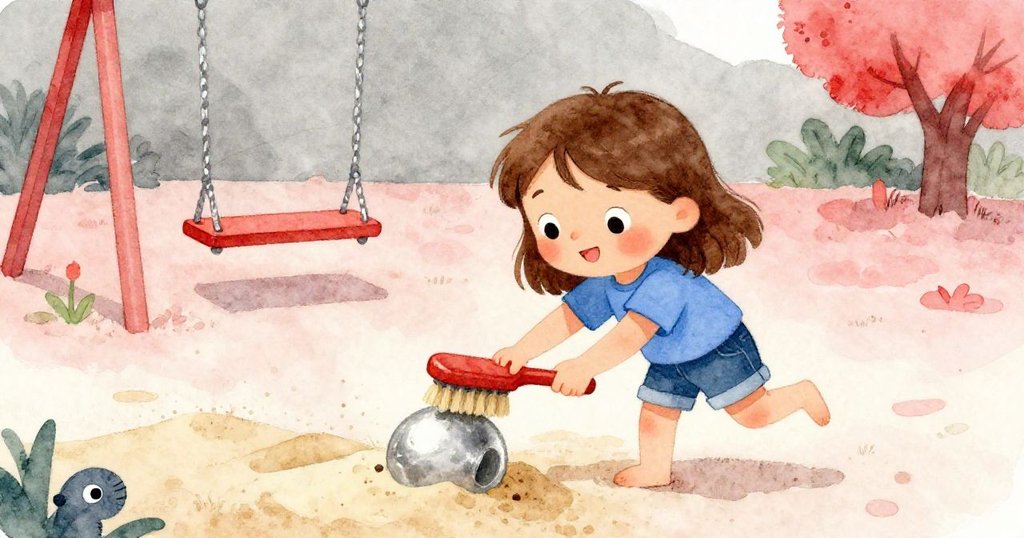 羅莎手動拂去濕沙，背景中盪鞦韆揮灑動感，她專注觀察神秘碎片，遊樂場生氣勃勃。