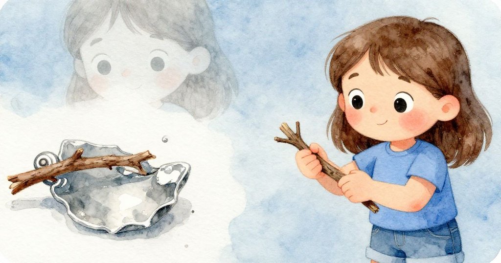 羅莎用小樹枝作杠桿撬開碎片角落，近距離展現螺旋紋理，同時神情專注，沙坑細節豐富。