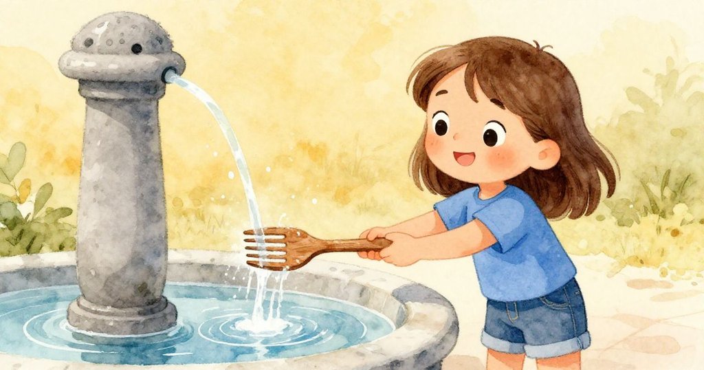 羅莎在噴水池旁用涼水沖刷老木叉，細看其歷史痕跡，背景充滿柔和金光與冷藍映照。