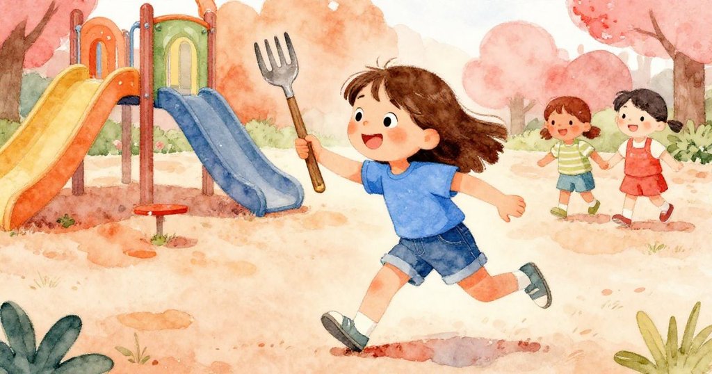 羅莎手托木叉急速走向沙坑，背景孩童歡笑奔跑，情節緊湊動感，色彩溫暖明亮。