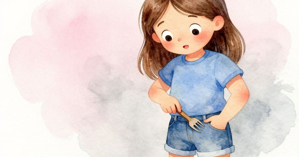 羅莎將木叉輕放入口袋，臉上流露滿足微笑，近距離呈現懷舊與驚奇，戶外遊樂場背景柔和。