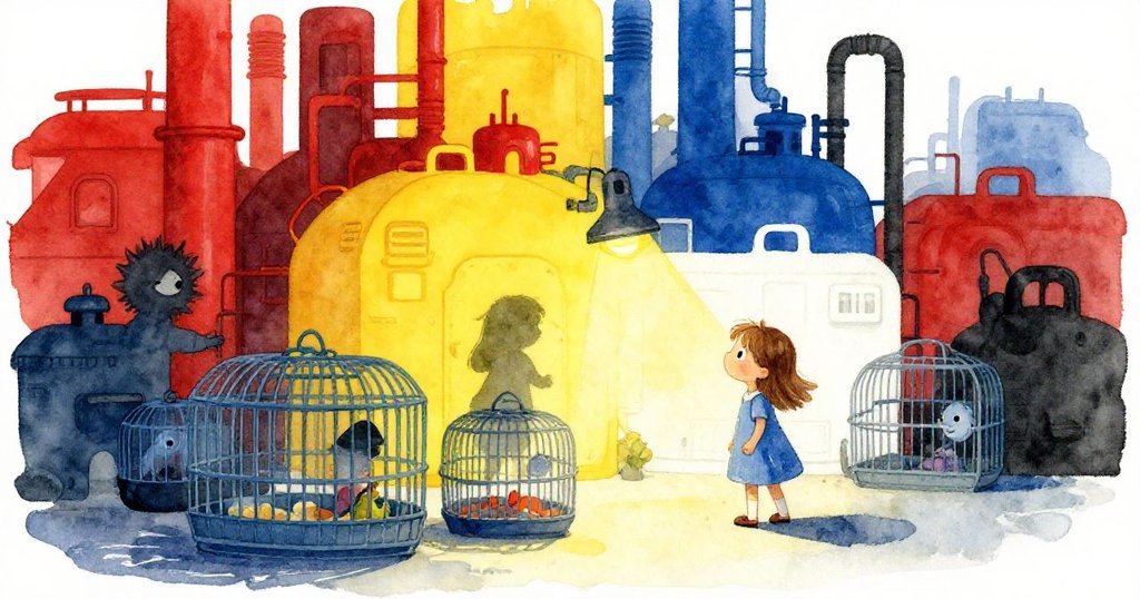 Ada穿著藍色洋裝,站在展示籠旁,身影被溫暖燈光映照,背景有塑料牆與機械設施,表情充滿好奇探索