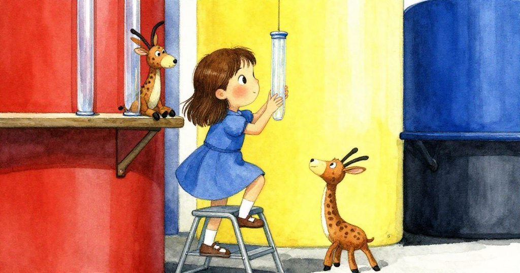 Ada穿著藍色洋裝,正攀爬金屬凳仔,仔細檢查連接籠子的透明管,旁邊有布偶羚羊,表情充滿認真探究