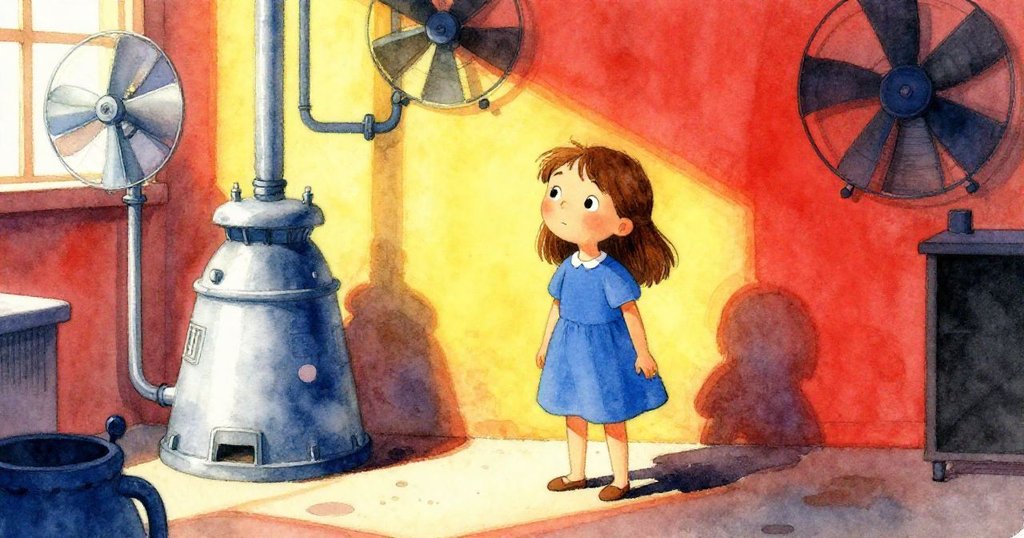 Ada站在暖光與柔和陰影中,傾聽濾器嗡嗡聲及金屬輕響,背景呈現風扇與熱燈,神情專注沉靜