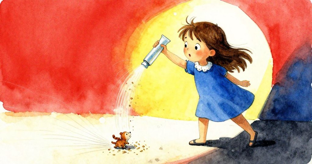 Ada輕輕翻轉透明管,內部小生物迅速滑出,動態尾跡清晰顯現,周圍鋪滿安靜木屑,表情緊張專注