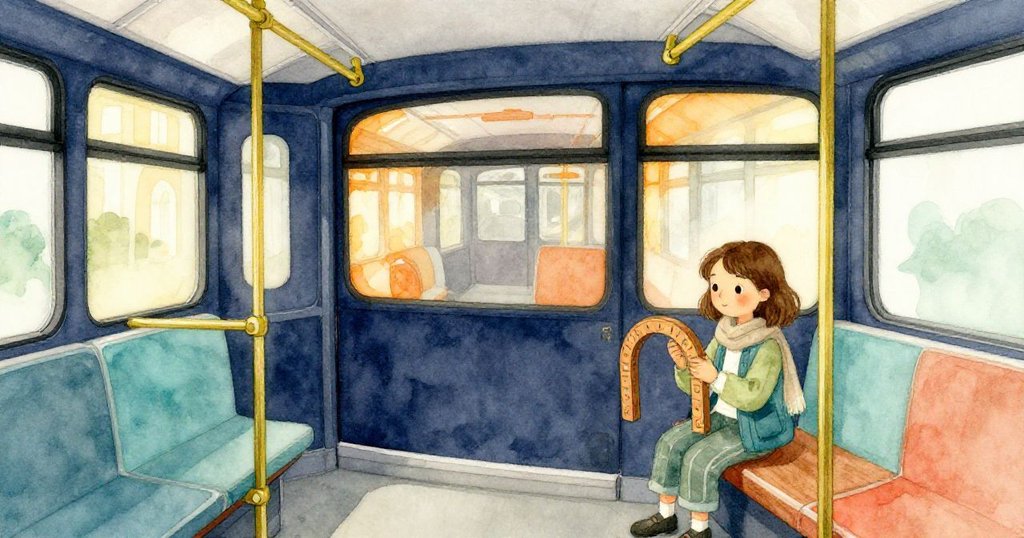 Nora 坐在電車後座，懷抱木製拱門，車廂內光影交錯，她眼神中流露出懷舊與期待。