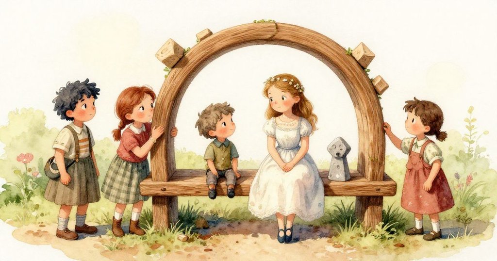 Nora 輕觸木製拱門與古舊雪松鎖石，神情溫柔細膩，感受木材歷史與祖父工藝的溫暖記憶。